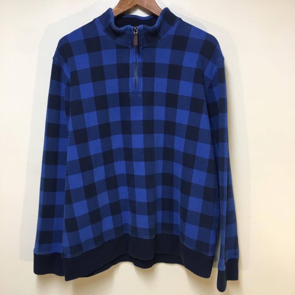 Lands'‎ End Quarter Zip Pullover Mens XL Blue Buffalo Plaid Cotton Sweater